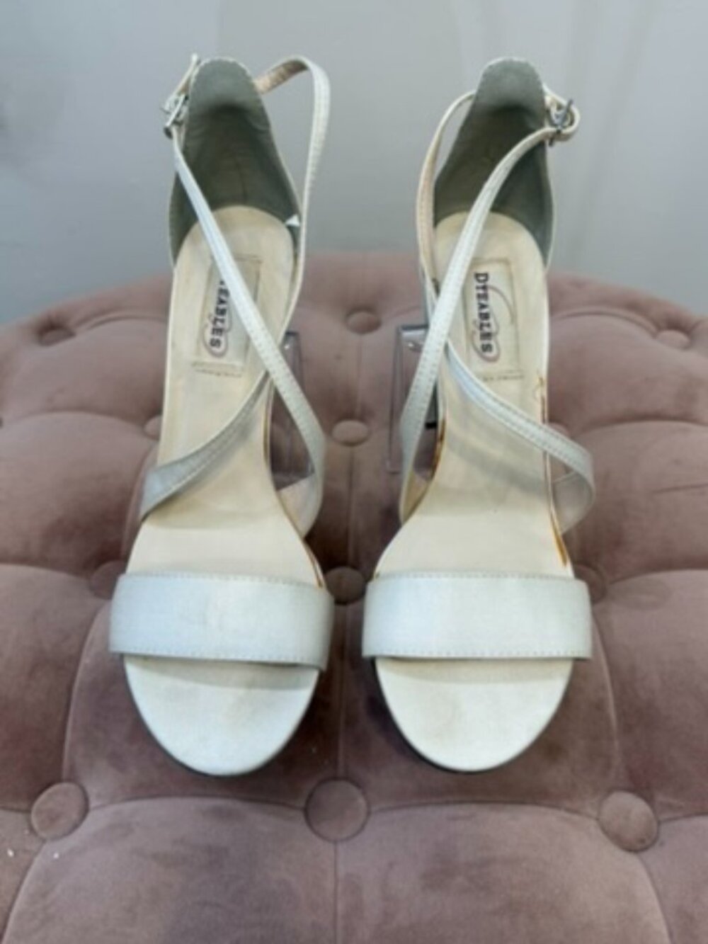 Dyeables Micah Beige Satin Crisscross Block Heel Size 7.5